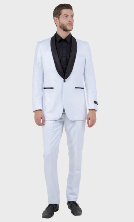 Big and Tall Tuxedo - White 1 Button Black Shawl Lapel Slim Fit Tuxedo