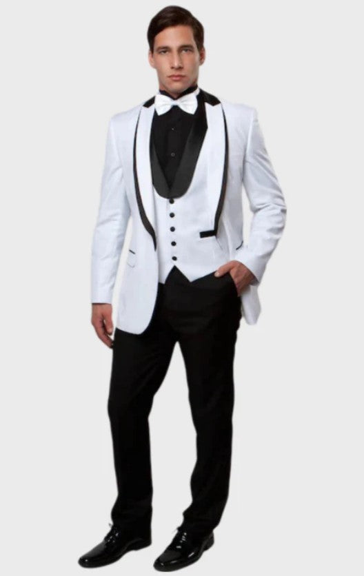 Big and Tall Tuxedo - White 3 Piece Vested Shawl Lapel Tuxedo