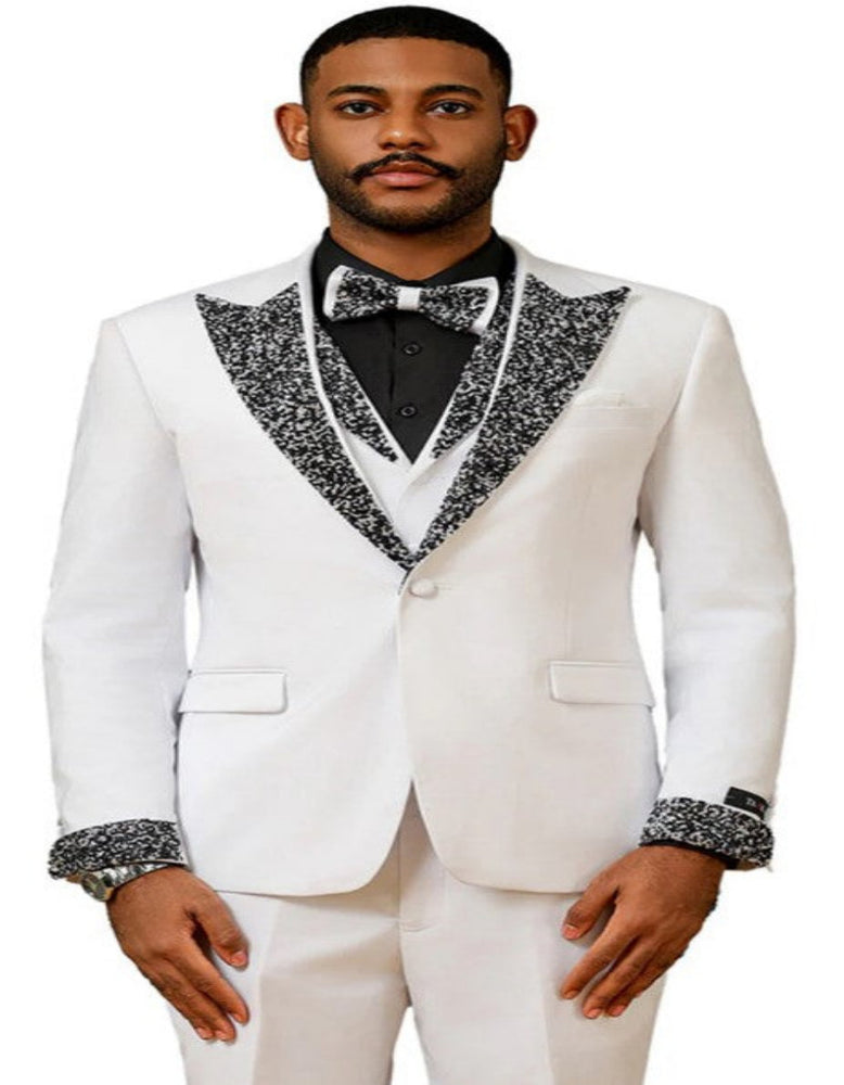 White Prom Tuxedo - Perfect Wedding Suit Vested Rhinestone Lapelled