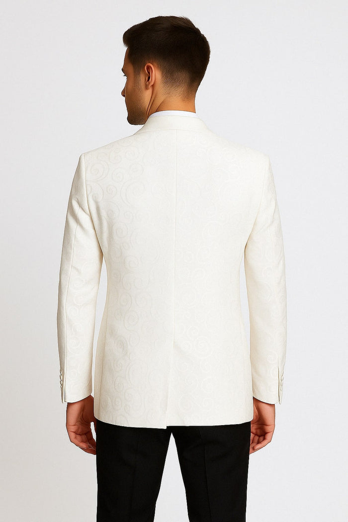 Men’s White Swirl Pattern Tuxedo Jacket with White Satin Shawl Lapel
