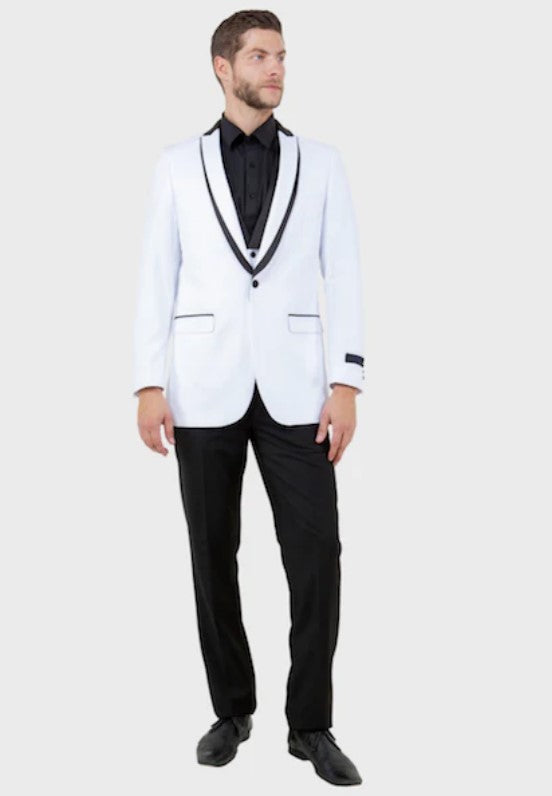 Big and Tall Tuxedo - White 3 Piece Vested Slim Fit Shawl Lapel Tuxedo Side Vents