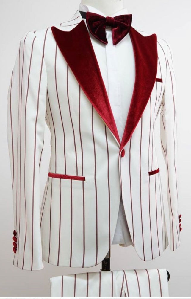 Mens White and Burgundy Pinstripe Tuxedo with Velvet Shawl Lapel and Matching Bow Tie