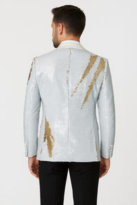Mens White and Gold Reversible Sequin Tuxedo Jacket with Satin Lapel and Matching Bow Tie