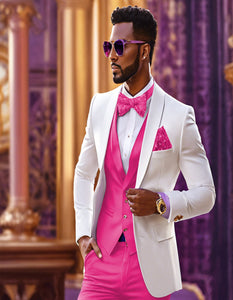 White and Hot Pink Tuxedo Wedding Suit - White Dinner Jacket + Vest + Pants + Bow-tie