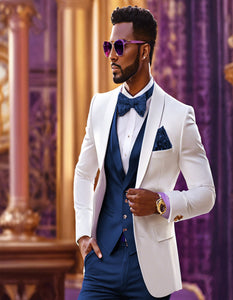White and Navy Blue Tuxedo Wedding Suit - White Dinner Jacket + Vest + Pants + Bow-tie
