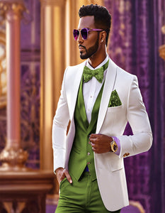 White and Olive Green Tuxedo Wedding Suit - White Dinner Jacket + Vest + Pants + Bow-tie