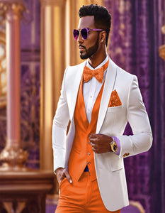White and Orange Tuxedo Wedding Suit - White Dinner Jacket + Vest + Pants + Bow-tie