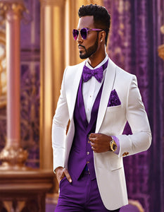 White and Purple Tuxedo Wedding Suit - White Dinner Jacket + Vest + Pants + Bow-tie