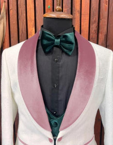 White and Rose Gold Tuxedo Suit - Wedding Groom Vested Suit