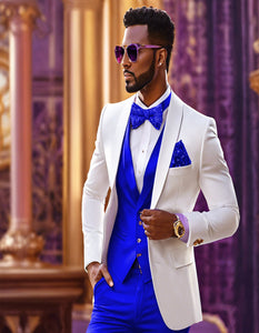 White and Royal Blue Tuxedo Wedding Suit - White Dinner Jacket + Vest + Pants + Bow-tie