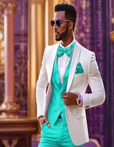 White and Turquoise Tuxedo Wedding Suit - White Dinner Jacket + Vest + Pants + Bow-tie