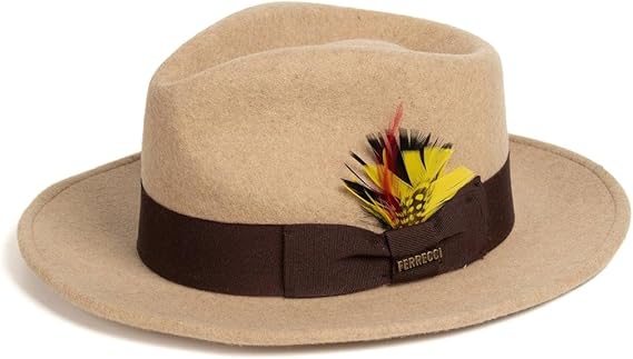 Gangster 100% Austrailian Wool Crushable Mens Fedora Hat - Removable Feather Gangster Beige Melange Mens Fedora Hat