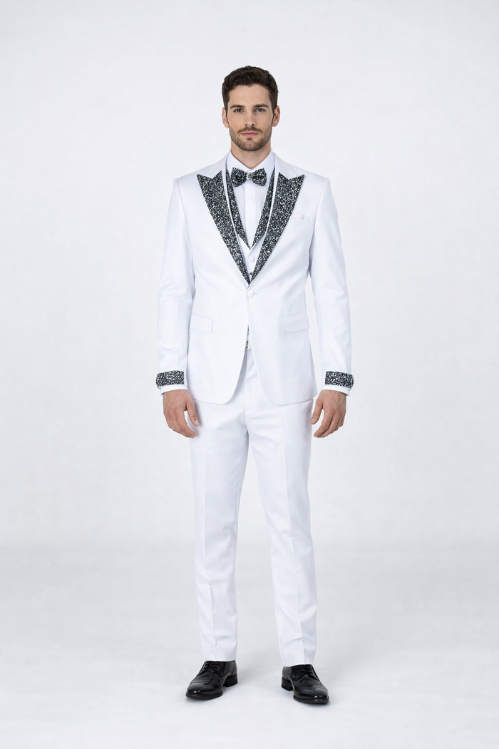 White Wedding Tuxedo with Stone Detailing – Peak Lapel 4-Piece Suit