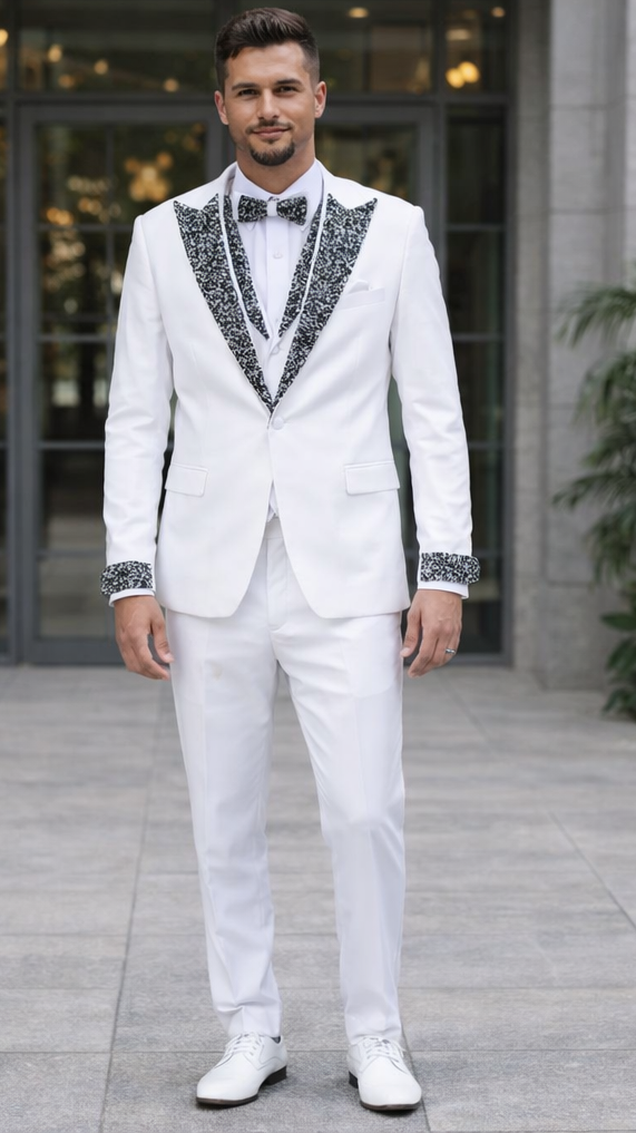 White Wedding Tuxedo with Stone Detailing – Peak Lapel 4-Piece Suit