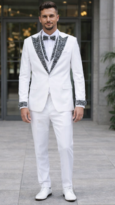 White Wedding Tuxedo with Stone Detailing – Peak Lapel 4-Piece Suit