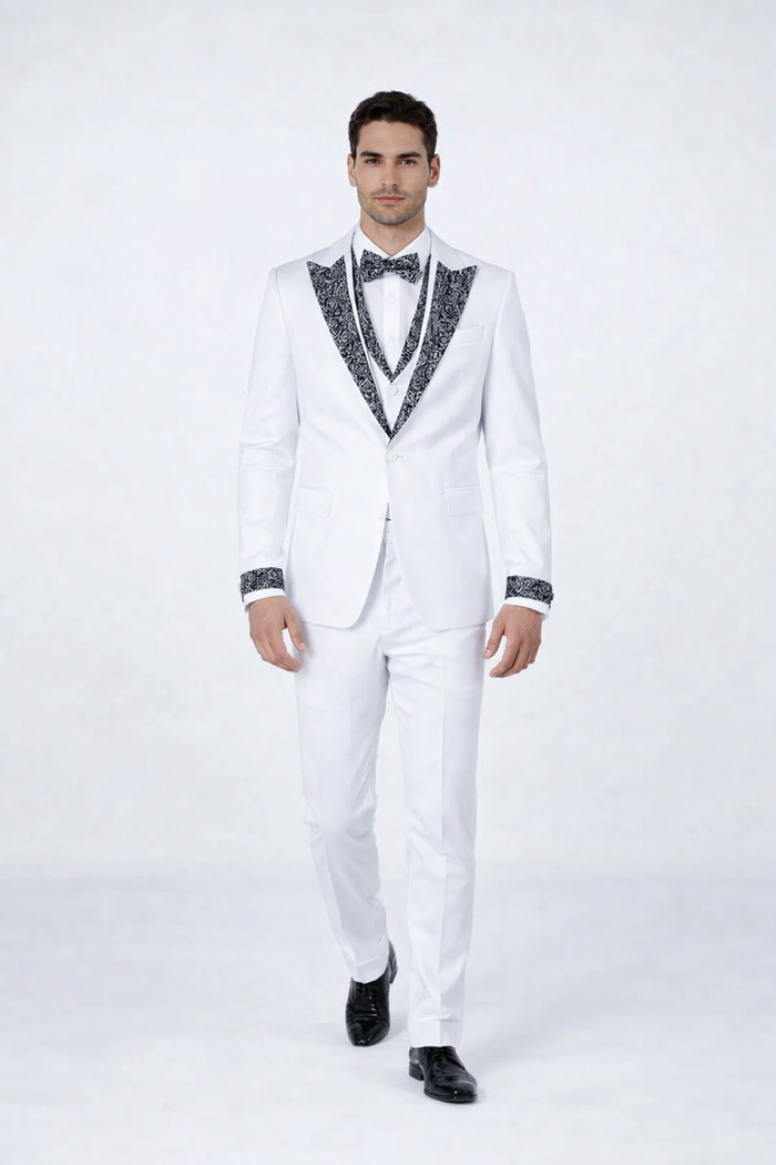 White Wedding Tuxedo with Stone Detailing – Peak Lapel 4-Piece Suit