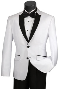 Mens 2 Buttton Slim Contrast Peak Lapel Satin Tuxedo in White