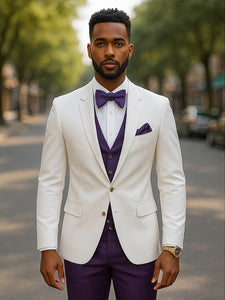 White and Purple Tuxedo Wedding Suit - White Dinner Jacket + Vest + Pants + Bow-tie