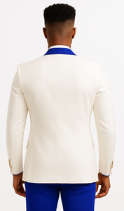 White and Royal Blue Tuxedo Wedding Suit - White Dinner Jacket + Vest + Pants + Bow-tie