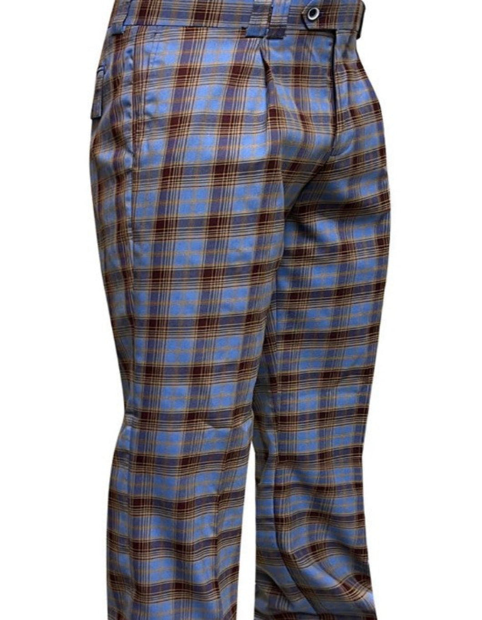 Mens Designer Wool Pleated Wide Leg Dress Pants in Blue and Brown Plai