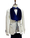 Mens Vested Designer Wide Royal Blue Velvet Shawl Tuxedos in Ivory Paisley Designer Prom Tuxedos