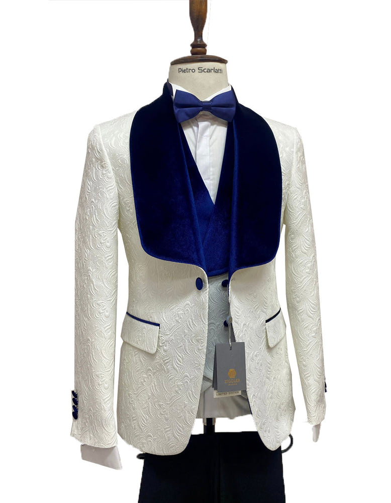 Mens Vested Designer Wide Royal Blue Velvet Shawl Tuxedos in Ivory Paisley Designer Prom Tuxedos