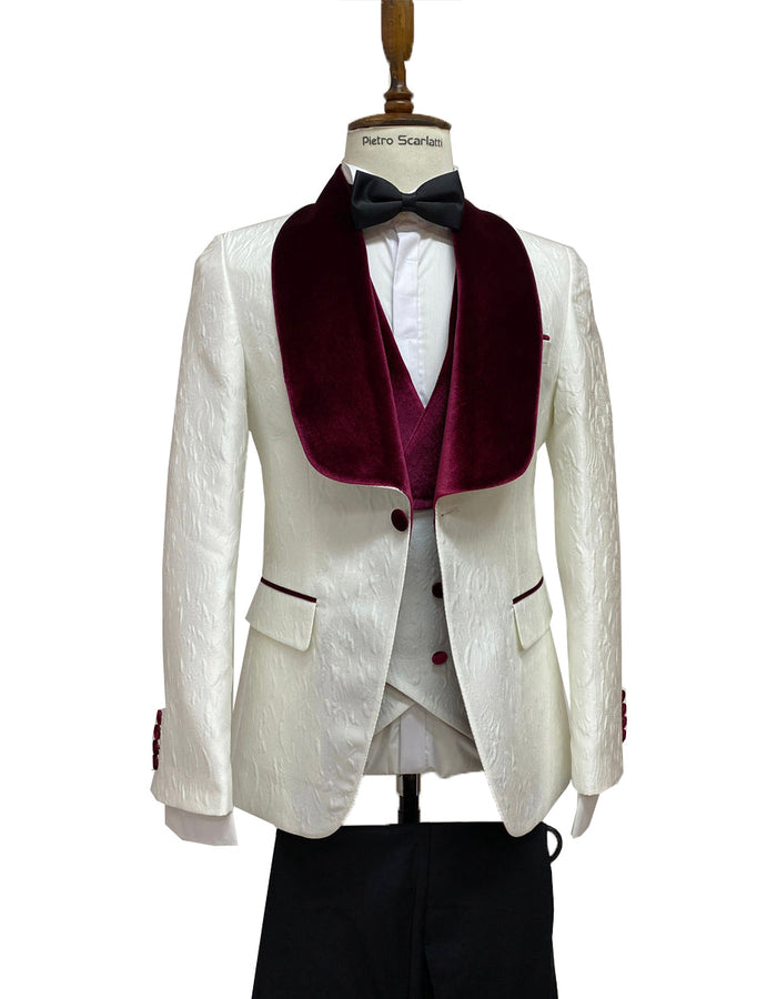 Maroon Prom Suit - Maroon Prom Tuxedo Suits - Maroon Wedding Tuxedo Mens Vested Designer Wide Velvet Shawl Tuxedo in Ivory Paisley