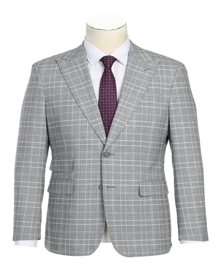 Light Grey Suit - Silver Gray Suit For Wedding - Mens Designer Two Button Slim Fit Peak lapel Smoke Windowpane Plaid Suit - Men's Tuxedo USA