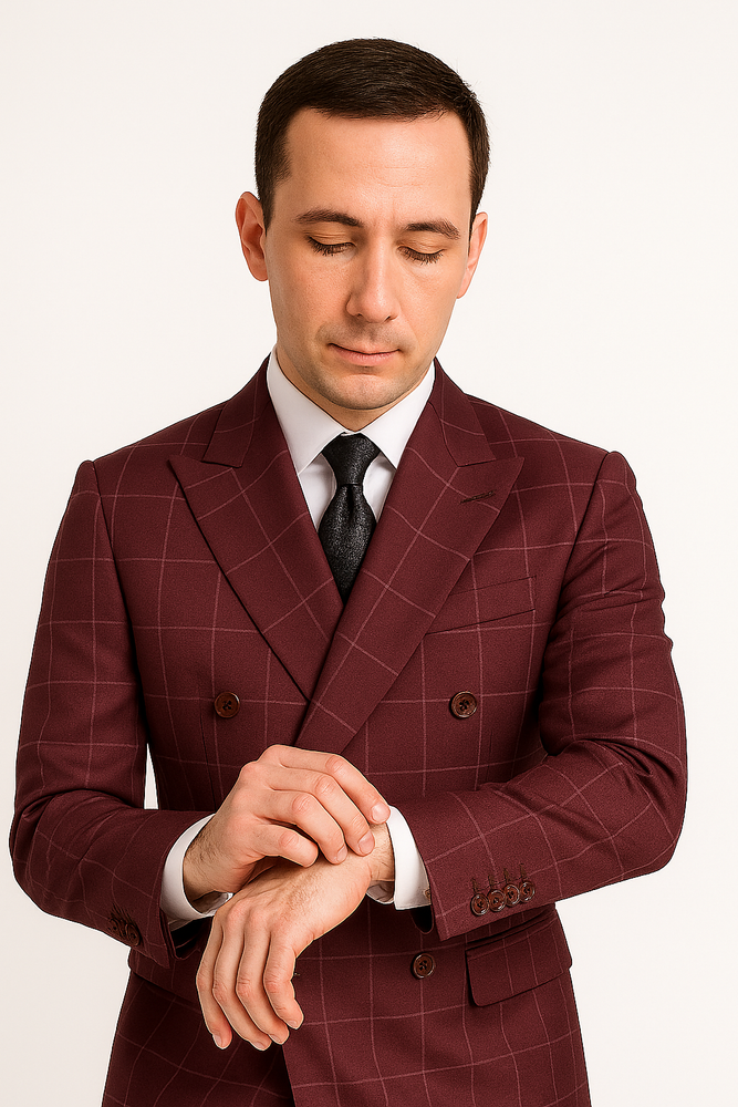 Naples Collection - Wine Modern Fit Double Breasted Windowpane Peak Lapel 2 Piece Suit