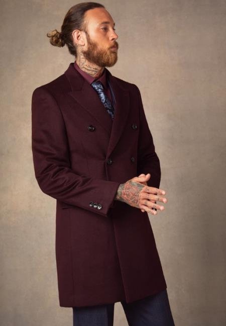 Men's Burgundy ~ Wine Double Breasted Peak Lapel Men's Carcoat - Car Coat Mid Length Three Quarter Length Coat
