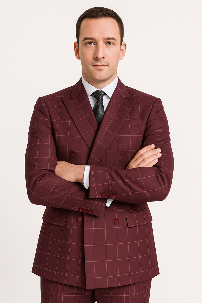 Naples Collection - Wine Modern Fit Double Breasted Windowpane Peak Lapel 2 Piece Suit