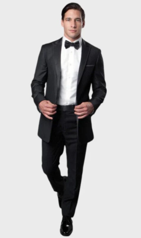 Big and Tall Tuxedo - Charcoal 1 Button Flat Front Pants Satin Peak Lapel Tuxedo