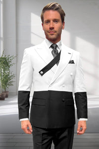 Mens Designer Double Breasted Suit – Wool Two Tone Black and White Style