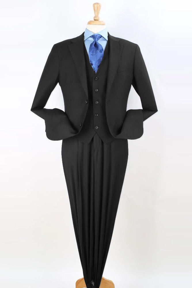 Mens Two Button Pleated Pant Classic Fit Vested Suit in Black