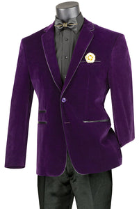 Mens 2 Button Velvet Blazer in Purple with Black leather Piping Trim