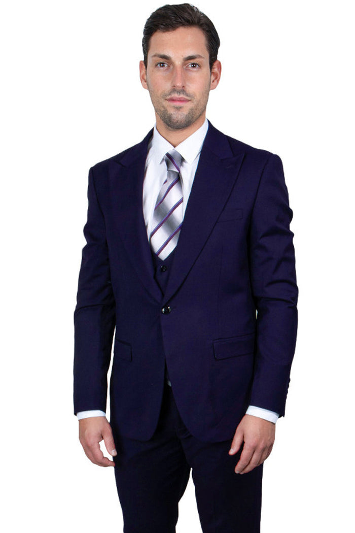 "Men's Vested One-Button Peak Lapel Navy Blue Suit by Stacy Adams"