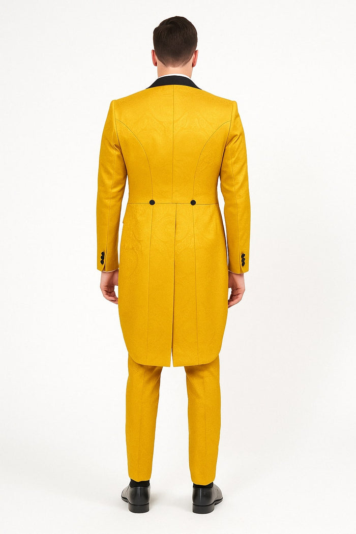 Mens Yellow Tailcoat Tuxedo with Black Lapel and Brocade Detailing – Formal Vintage Style Suit