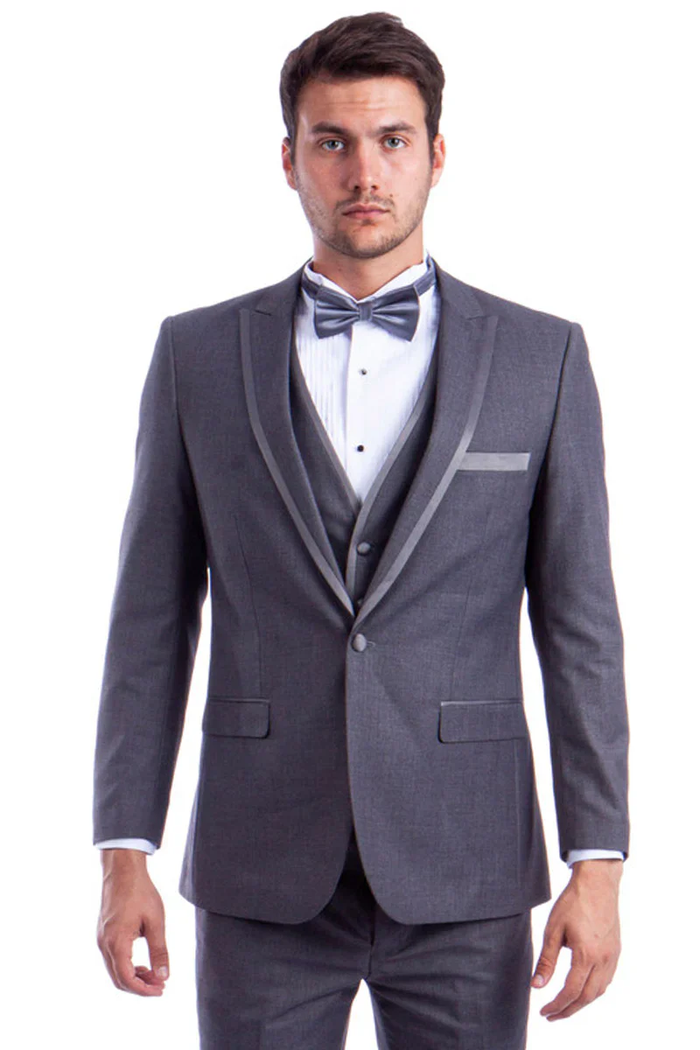 Designer Gray Prom Tuxedo - Grey Wedding  One Button  Skinny Fit Suit