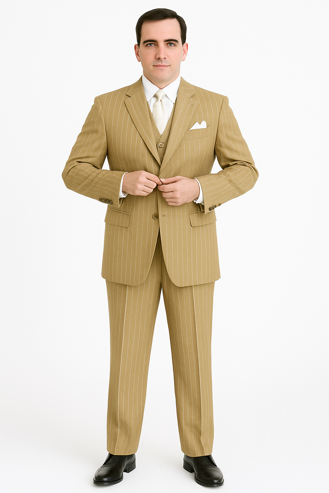 Beige Pinstripe Party Suit – Classic 3-Piece Men’s Outfit