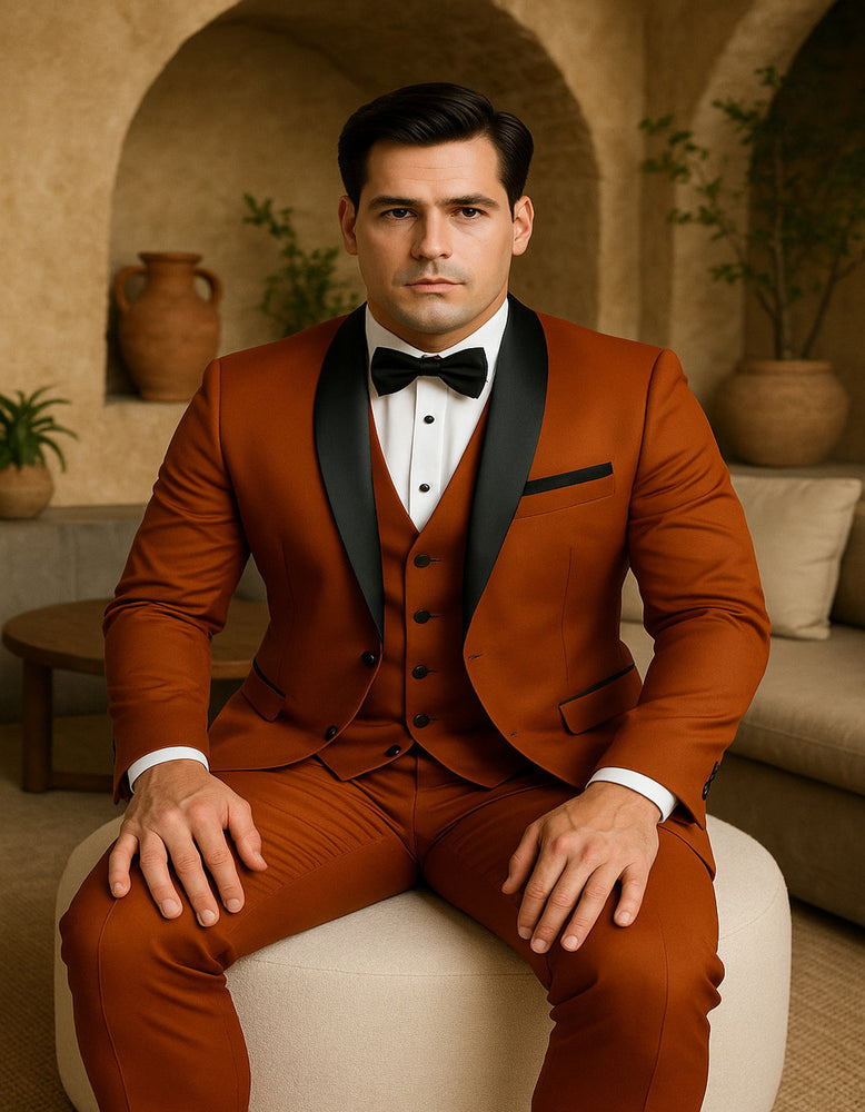 Men's Burnt Orange Tuxedo Suit – 3-Piece Slim Fit with Black Satin Shawl Lapel