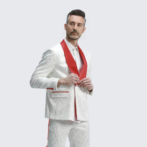 White And Red Tuxedo with Textured Paisley Design Two Piece Set - Wedding - Prom