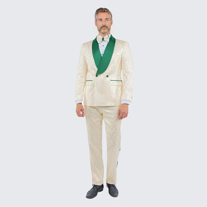 Ivory and Green Tuxedo with Textured Paisley Design Two Piece Set - Wedding - Prom