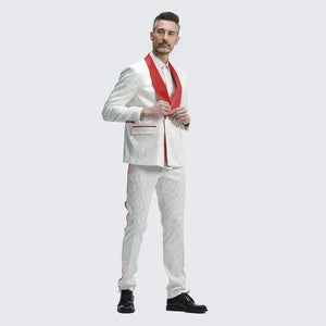 White And Red Tuxedo with Textured Paisley Design Two Piece Set - Wedding - Prom