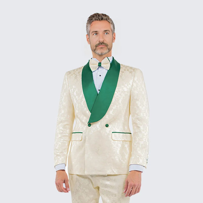 Ivory and Green Tuxedo with Textured Paisley Design Two Piece Set - Wedding - Prom
