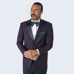 Men's Burgundy Paisley Tuxedo Jacket with Large Peak Lapel Slim Fit - Wedding - Prom