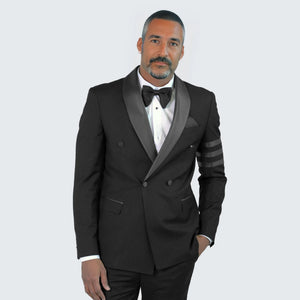 Black Double Breasted Tuxedo With Bar Jacket- Wedding - Prom