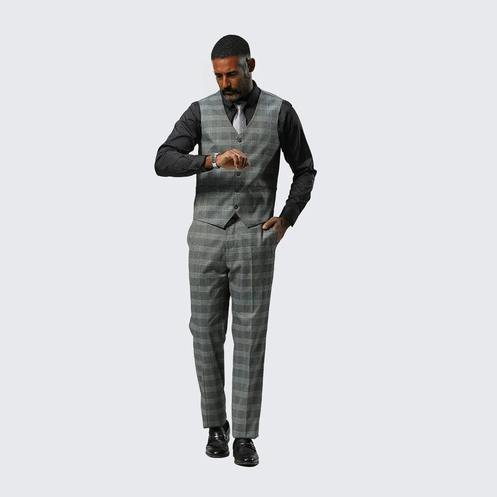 Grey Glen Check Three Piece Suit By Stacy Adams - Wedding - Prom