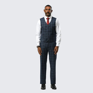 Navy Blue Watch Plaid Three Piece Suit By Stacy Adams- Wedding - Prom