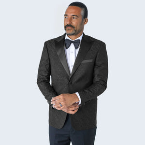 Men's Black Paisley Tuxedo Jacket with Large Peak Lapel Slim Fit - Wedding - Prom