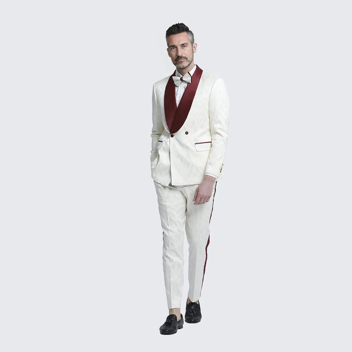 Ivory and Burgundy Tuxedo with Textured Paisley Design Two Piece Set - Wedding - Prom
